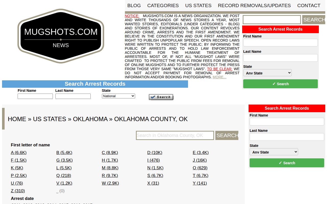 Oklahoma County Mugshots.com archive shown as an unofficial historic record source