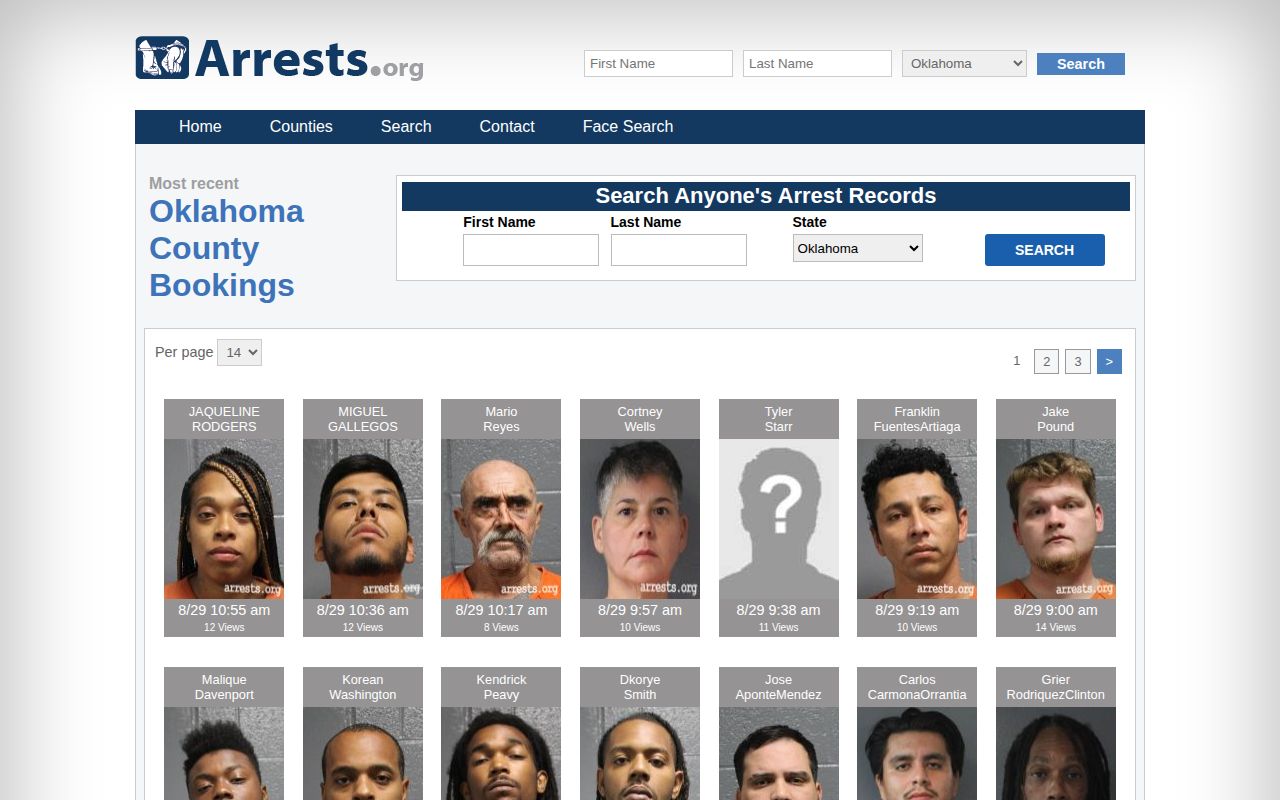 Oklahoma County Arrests.org section shown as an unofficial secondary booking archive