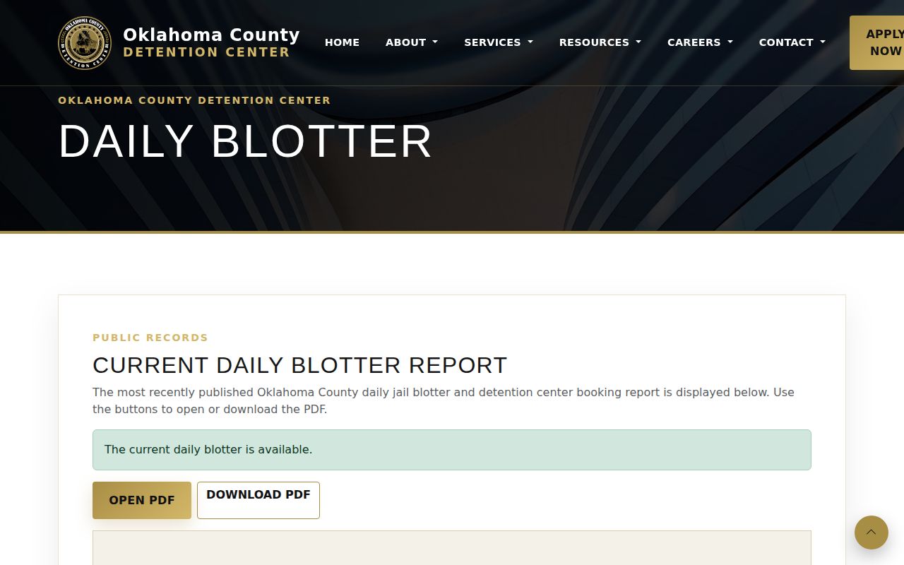 Oklahoma County Detention Center latest Daily Blotter booking report page