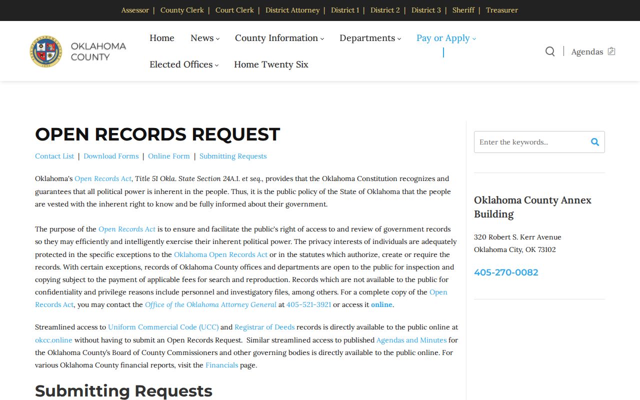 Oklahoma County Open Records request page for booking records