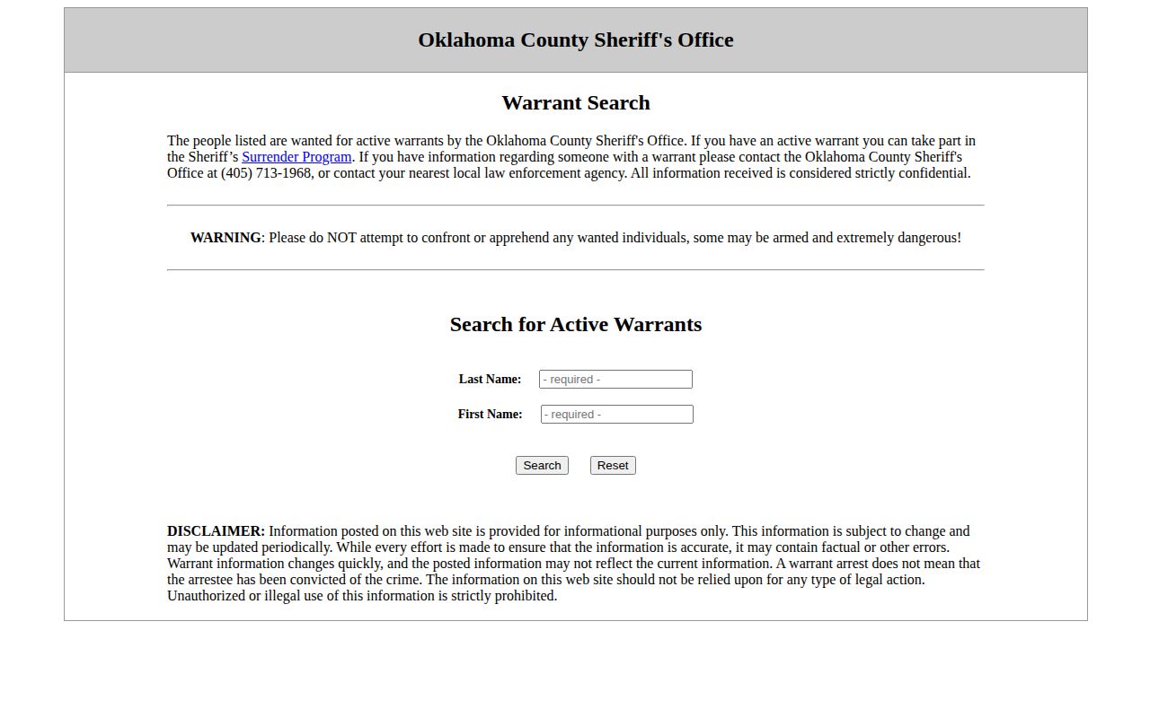 Oklahoma County Sheriff warrant search for active warrant records